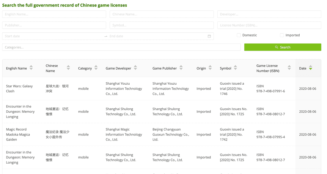 AppInChina releases official China game license database and mobile game store index